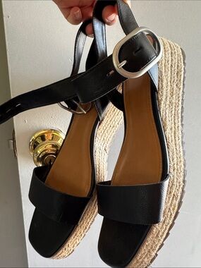 Black Espadrille Platform Sandals with Ankle Buckle